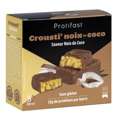 Barretta proteica croccante al gusto di cocco, senza glutine.